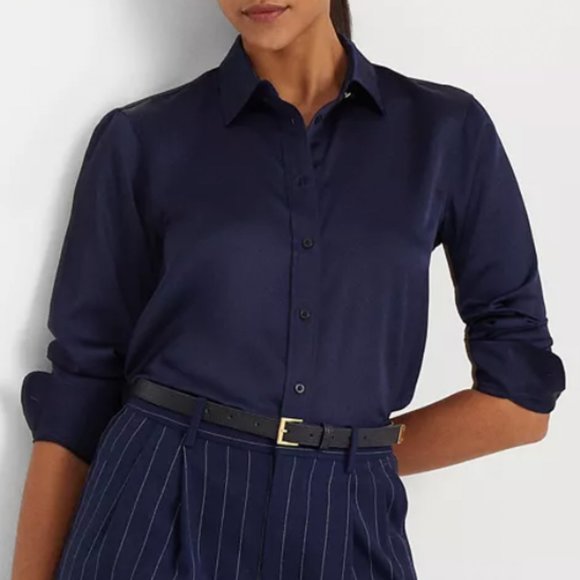 NWT Lauren Ralph Lauren Navy Satin Button Up - M petite - Picture 1 of 8